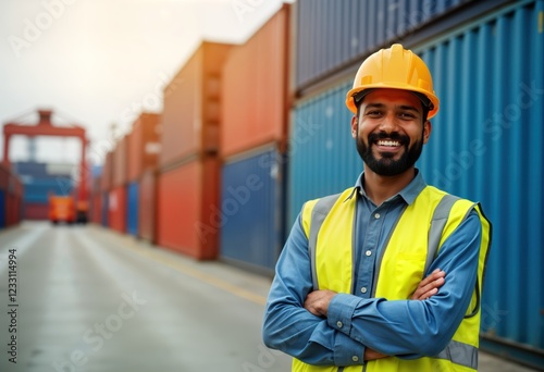 Indian engineer man stands confidently at container port. Seems happy, involved in logistic work. Photo shows successful migrant worker in port area. Focus on hard work in logistics. Pro look.
