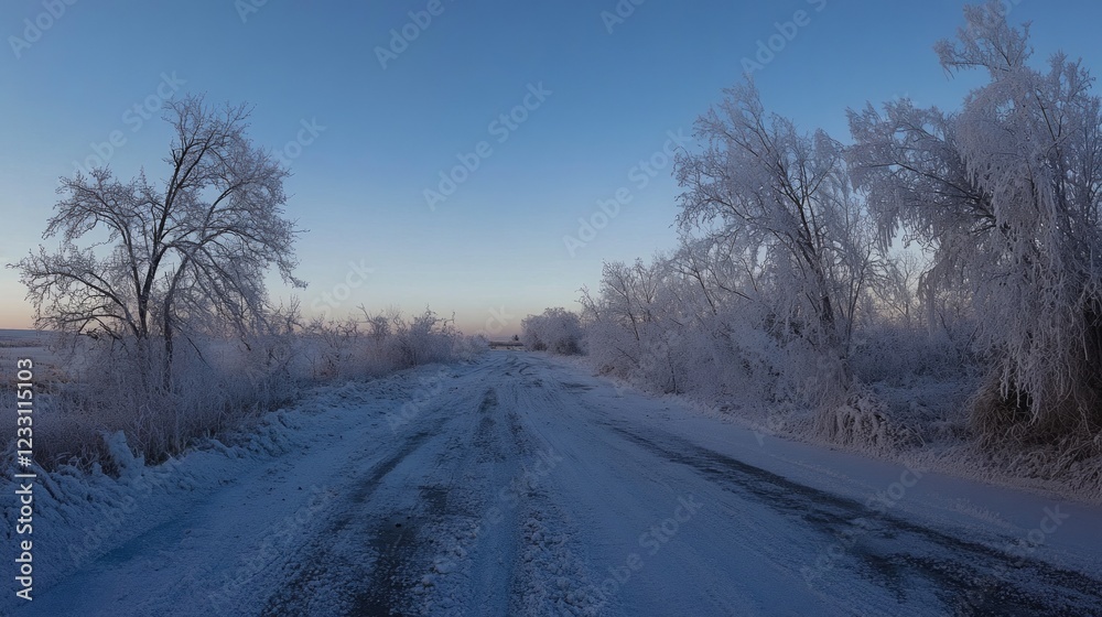 Snow-covered country road with frosty trees at sunrise Snow-covered country road with frosty trees at sunrise