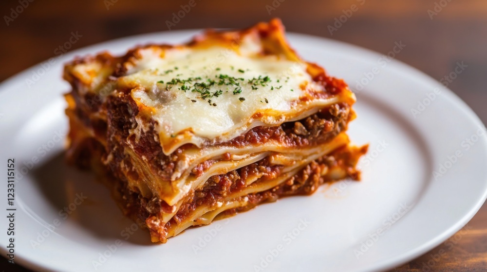 A slice of homemade lasagna with layers of pasta, cheese, and rich meat sauce A slice of homemade lasagna with layers of pasta, cheese, and rich meat sauce