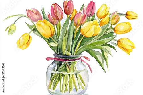 Vibrant yellow and pink tulips in glass vase watercolor painting