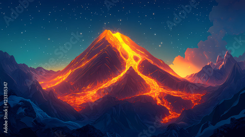 Glowing lava mountainscape, volcanic landscape, night. use sci-fi backgrounds. Lava Ridge. Illustration photo