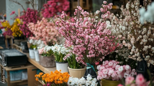 Vibrant outdoor flower market displaying colorful blossoms in various arrangements