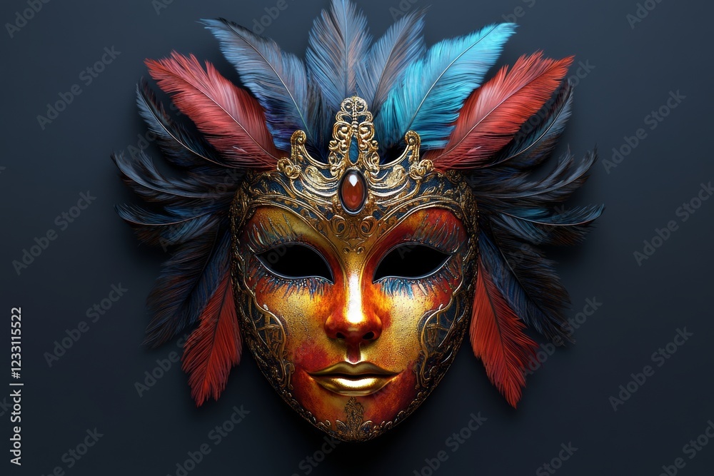 A Venetian carnival mask created by generative AI, featuring black feathers