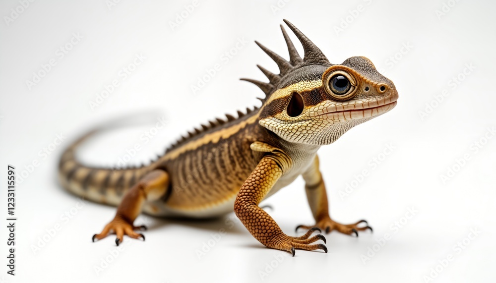 Fototapeta premium Horned lizard stands on white background. Reptile distinctive horns on head. Body shows varied patterns of brown, tan scales. Closeup photo of small lizard. Animal looks alert, curious. Perfect for