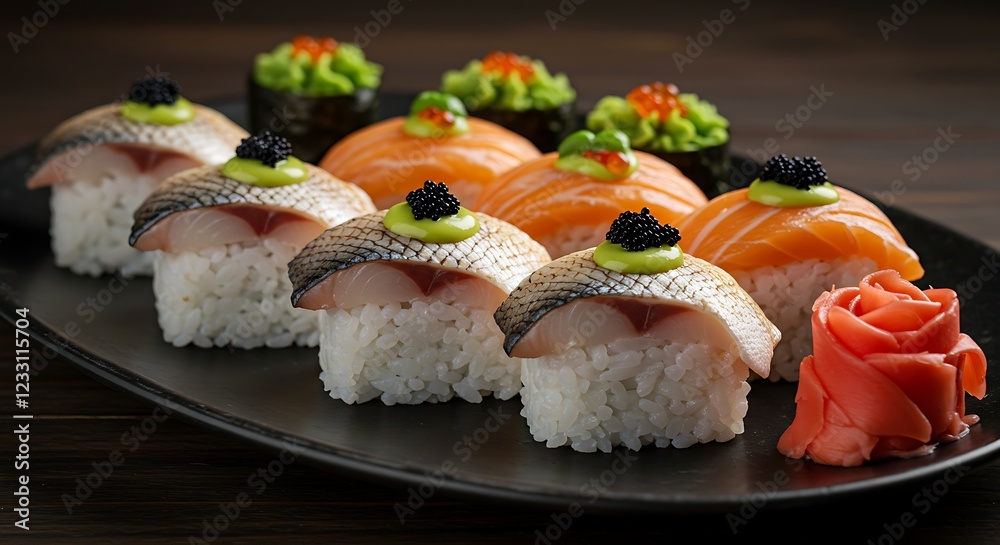 Delicious Sushi Platter with Salmon and Fish Delicious Sushi Platter with Salmon and Fish
