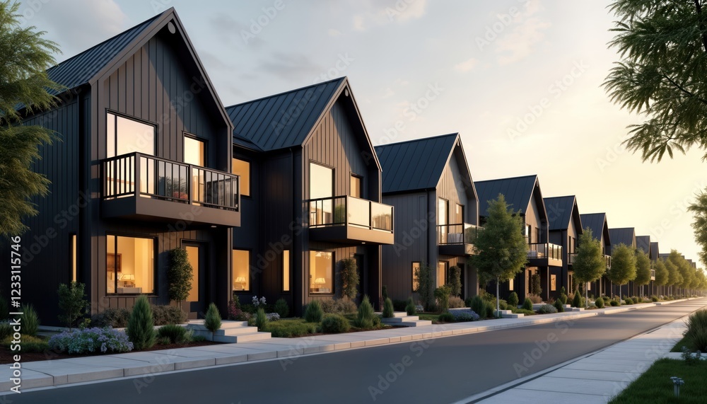 Modern multi-family homes line quiet residential street. Houses feature dark exteriors, cozy interiors. Peaceful neighborhood ambiance evident. Houses designed for comfort, functionality. Daylight Modern multi-family homes line quiet residential street. Houses feature dark exteriors, cozy interiors. Peaceful neighborhood ambiance evident. Houses designed for comfort, functionality. Daylight