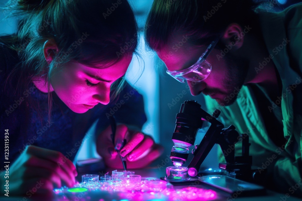 Students conduct lab experiment with microscopes and fluorescent samples in a dark setting Students conduct lab experiment with microscopes and fluorescent samples in a dark setting