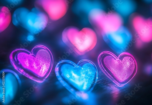 Glowing Neon Pink and Blue Hearts with Bokeh Light Effects