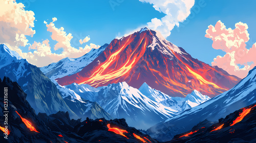 Solidified lava pieces of elbrus volcano with mountains, glaciers, main caucasian ridge in background. Lava Ridge. Illustration