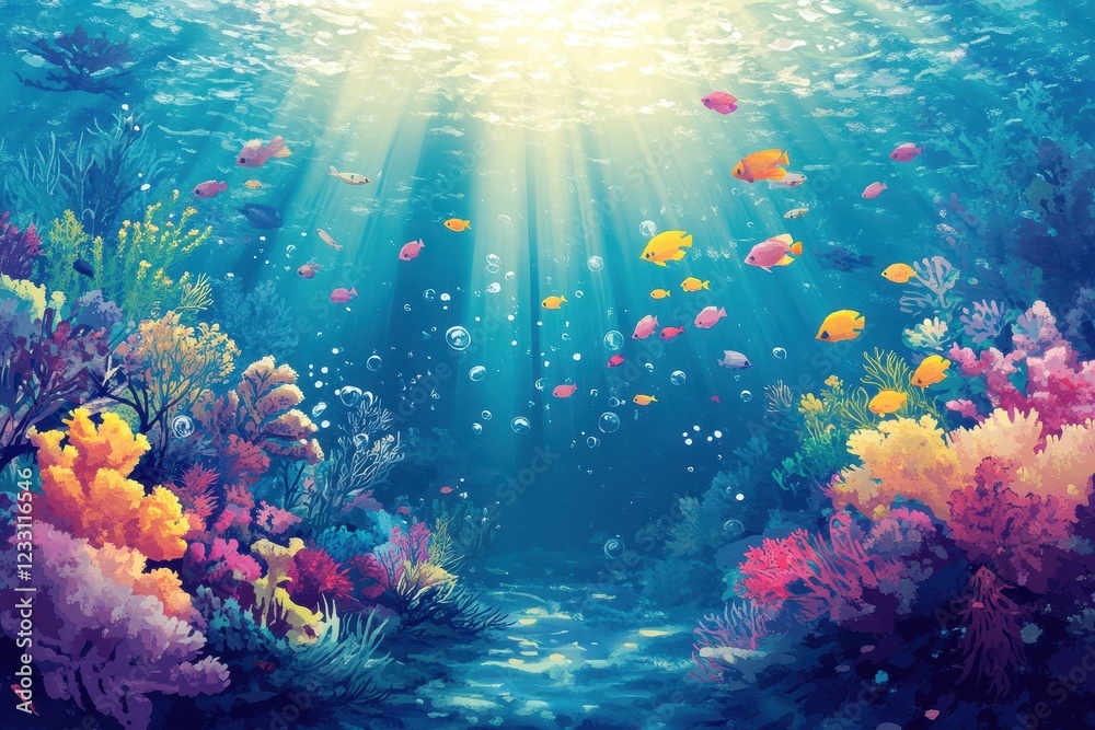 Fototapeta premium Vibrant Underwater Scene With Colorful Fish And Coral Reefs
