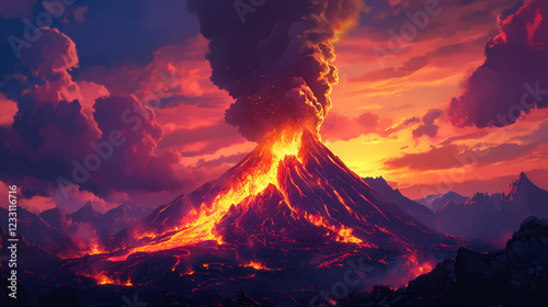 Volcano erupting with lava and smoke at sunset, dramatic natural landscape. Lava Ridge. Illustration