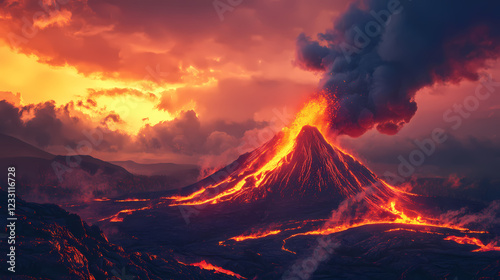 Volcano erupting with lava and smoke at sunset, dramatic natural landscape. Lava Ridge. Illustration
