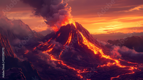 Volcano erupting with lava and smoke at sunset, dramatic natural landscape. Lava Ridge. Illustration