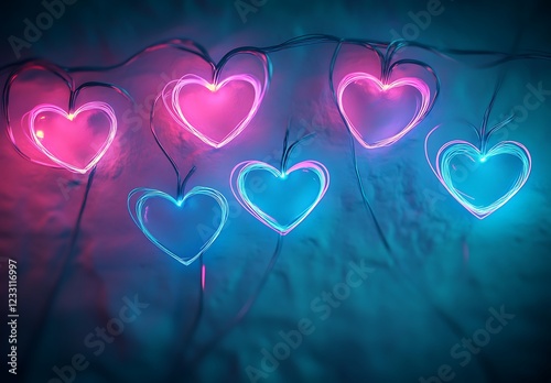 Glowing Neon Pink and Blue Hearts with Bokeh Light Effects
