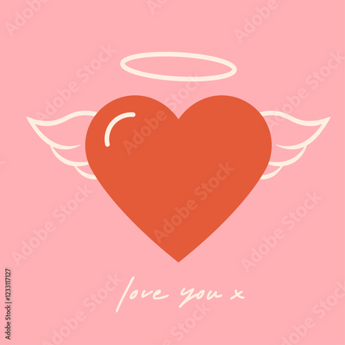 Heart with angels wings and halo, valentines day icon card, i love you message