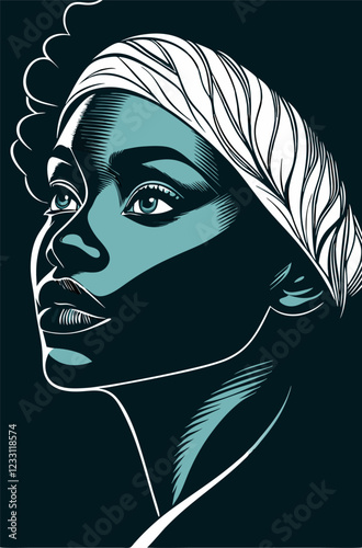 Black and turquoise tones on a dark background emphasize the expressiveness and depth of the image dark-skinned woman with brown eyes
