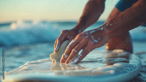 Person waxing surfboard on beach, Hands applying wax to surfboard during sunset with ocean waves in background, Concept for surf preparation, water sports, beach lifestyle, sunset activity photo