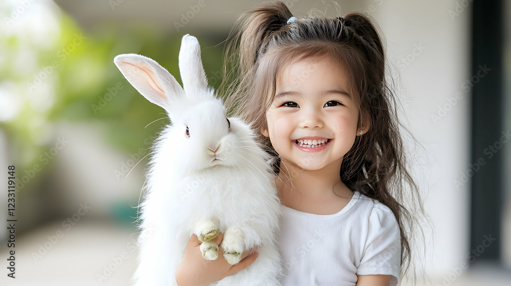 Happy girl holding fluffy white rabbit outdoors Happy girl holding fluffy white rabbit outdoors