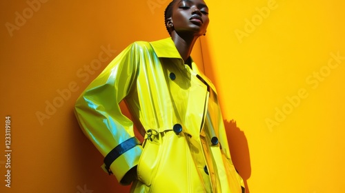 A model in a bright yellow raincoat poses against a vibrant orange backdrop.