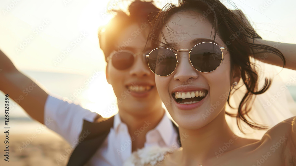 Φωτογραφία A carefree couple enjoying their wedding day with stylish sunglasses, capturing fun moments and laughter together
