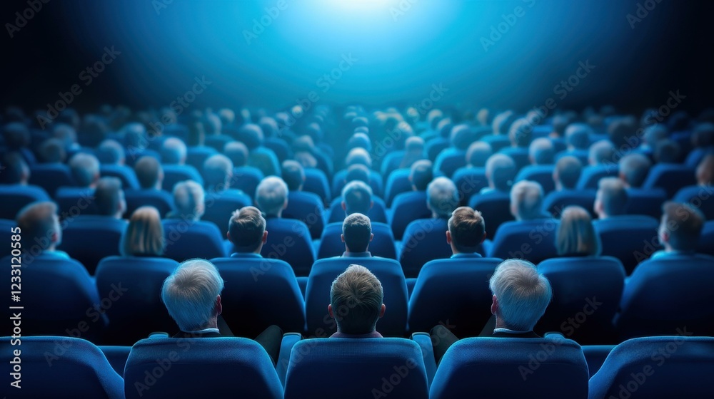 Obraz premium Audience immersed in film, basking in the glow of the screen, capturing the essence of cinema magic.