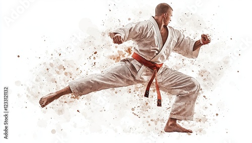 A lively portrayal of a martial artist in a karate stance, with a burst of watercolor splashes in the background, highlighting movement and energy. Sport-themed  image