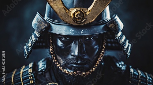 A striking close-up of a samurai warrior in traditional armor, poised in an attack stance against a dark backdrop photo