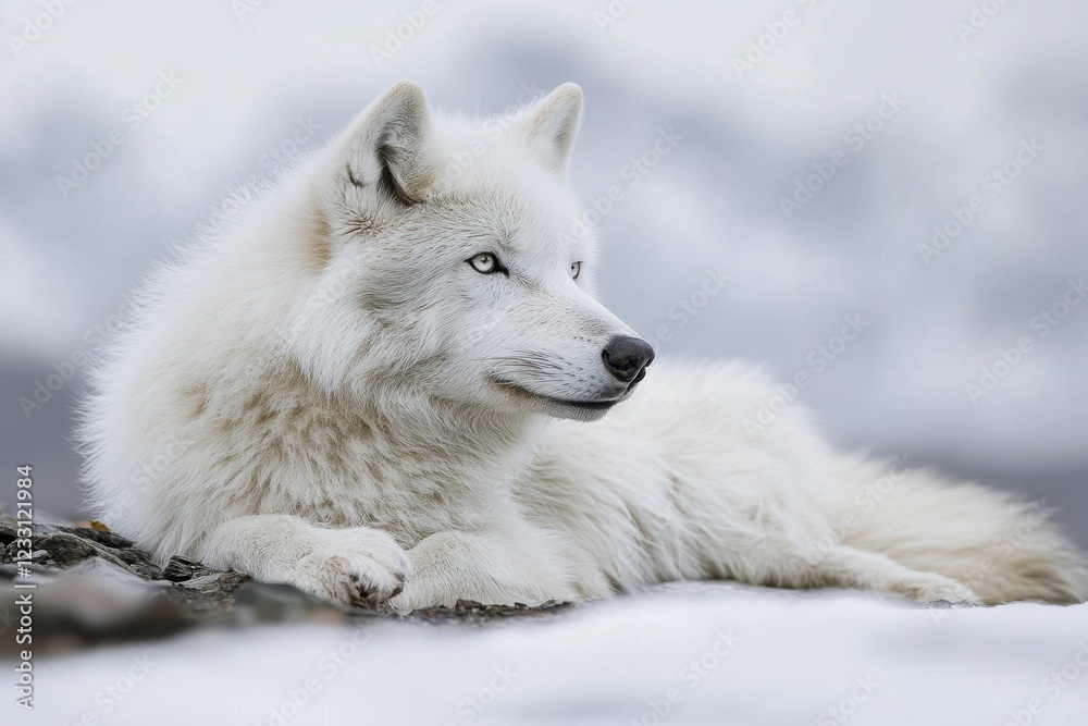 Arctic wolf rests peacefully on rocky terrain in a chilly landscape under overcast skies Arctic wolf rests peacefully on rocky terrain in a chilly landscape under overcast skies