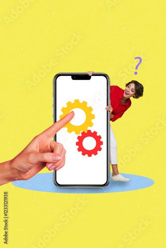 Template sketch trend artwork 3D photo collage of hand finger touch smartphone display cogwheel young lady smile vacancy worker business photo