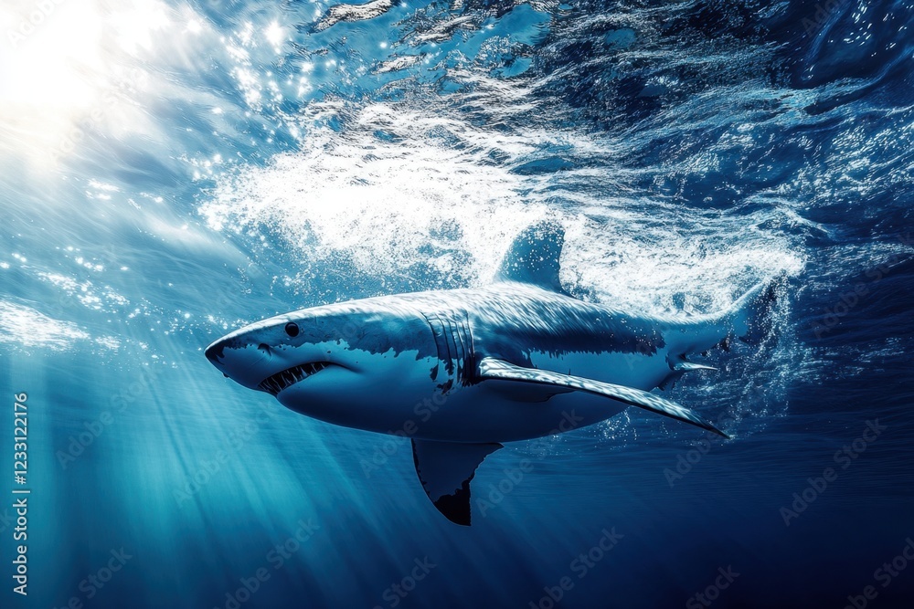 Fototapeta premium Great white shark swimming gracefully in deep ocean water during bright sunlight