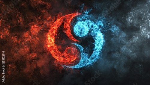 A red and blue fire rendition of the Yin-yang or Tai Chi symbol on a black backdrop, produced with  technology photo