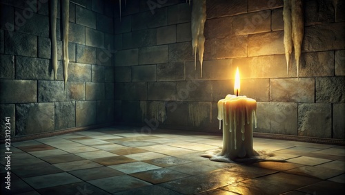 Darkened chamber with a single, flickering candle casting eerie shadows on walls as a lump of ivory slowly drips slime onto the stone floor, relics, decay, candle photo