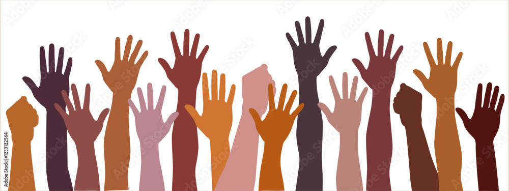 Many different people's hands are raised up. Raised hand silhouettes, people colorful voting illustration. Celebration, teamwork, collaboration. Concept of democracy, freedom. Many different people's hands are raised up. Raised hand silhouettes, people colorful voting illustration. Celebration, teamwork, collaboration. Concept of democracy, freedom.