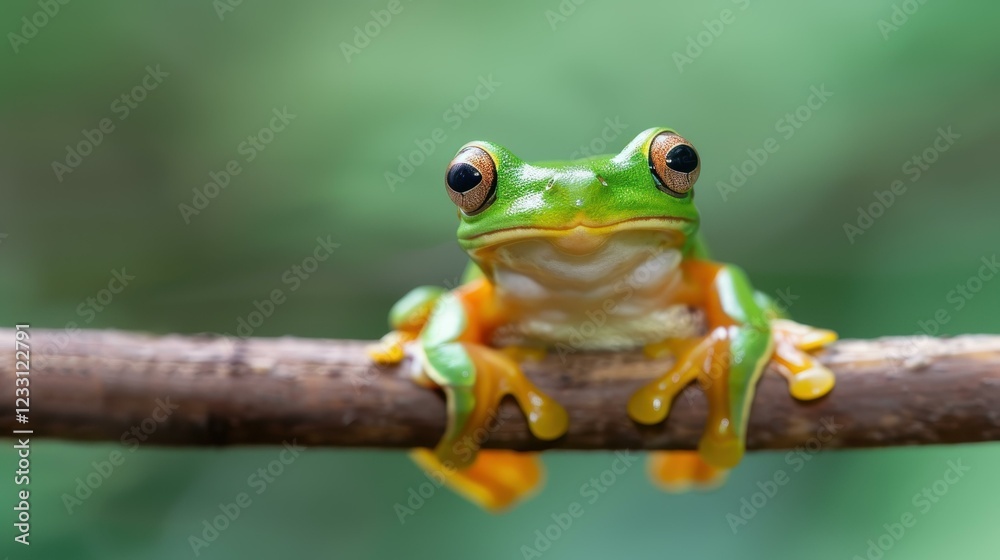 A vibrant tree frog perched on a branch amid lush green leaves, showcasing natures beauty in a stunning closeup shot. A vibrant tree frog perched on a branch amid lush green leaves, showcasing natures beauty in a stunning closeup shot.