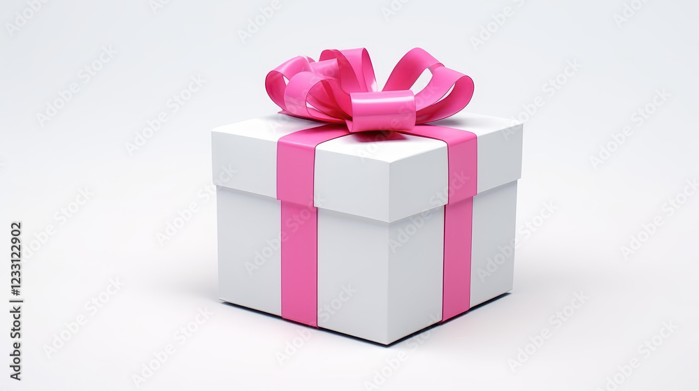 Obraz premium Elegant white gift box adorned with a soft pink ribbon, perfect for any occasion on a clean white backdrop.