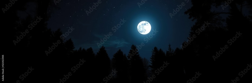 Fototapeta premium Dark forest trees stand against a moonlit sky with stars above, outdoors, woods