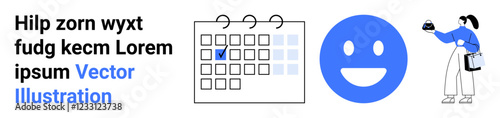 Organized calendar with a marked date, a smiling face icon, and a woman holding a packaged item. Ideal for time management, productivity, scheduling, optimism, planning, delivery and flat landing