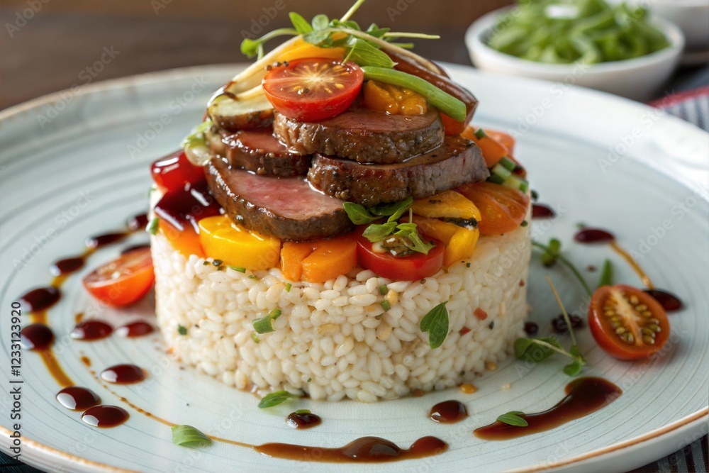 Creative gourmet presentation of perfectly twirled rice with grilled steak and vegetables Creative gourmet presentation of perfectly twirled rice with grilled steak and vegetables