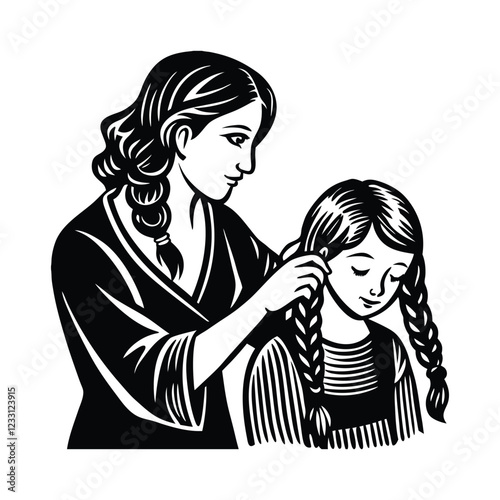 Mother brushing or braiding her daughter vector illustration.