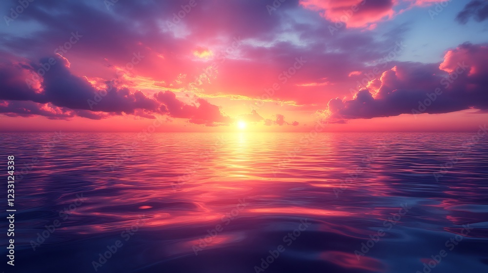 Obraz premium Soft ripples a tranquil water surface beneath a vibrant sunset sky in shades of orange and purple A calming backdrop for wellness beauty and eco themed ads with space for text or branding