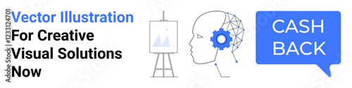 Profile with a gear and neural network representing creativity, easel with artwork, cashback speech bubble. Ideal for innovation, rewards, creativity, offers, promotions tech and banners. Flat