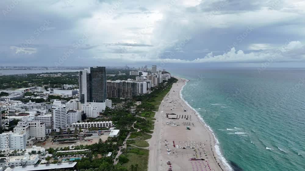 aerial view of Miami south beach Florida with raining clouds washing the beach of Miami beach