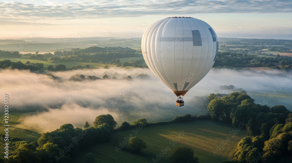 Obraz premium white hot air balloon flying over forest in a sunrise