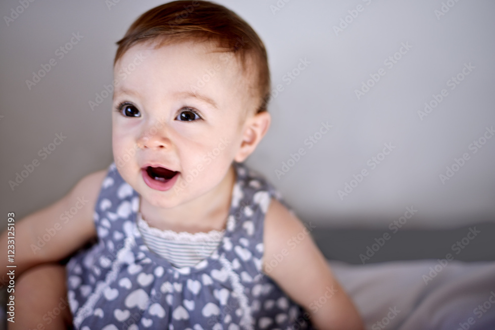 Happy baby, girl and bed with playful childhood for youth, growth or development at home. Little kid, infant or adorable child with cute dress in bedroom for nursery or toddler relaxing at house Happy baby, girl and bed with playful childhood for youth, growth or development at home. Little kid, infant or adorable child with cute dress in bedroom for nursery or toddler relaxing at house