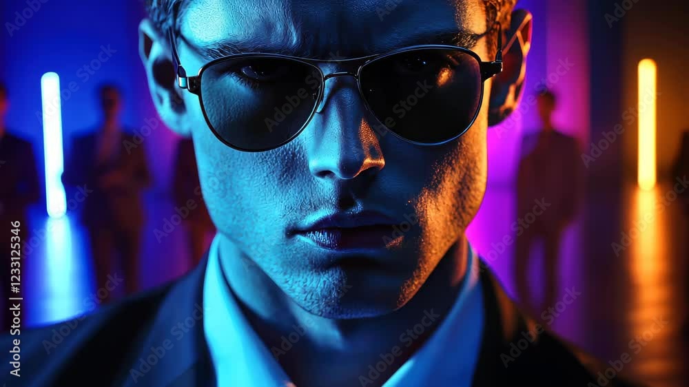 A mysterious figure in a dark suit and shades stands out, surrounded by blurred shapes, sparking intrigue and curiosity. A mysterious figure in a dark suit and shades stands out, surrounded by blurred shapes, sparking intrigue and curiosity.