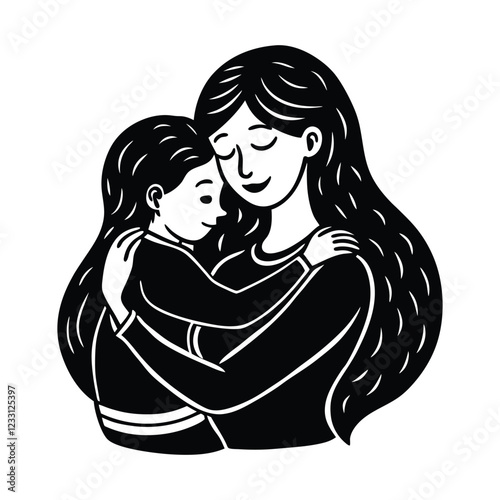 Mother hugs her daughter vector illustration.