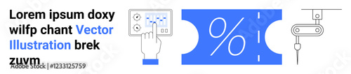 Touchscreen control with a hand operating system, discount percentage symbol, robotic mechanism. Ideal for technology, automation, manufacturing, retail, innovation, data systems industrial trends