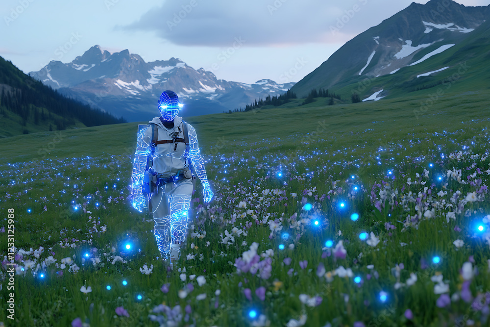 Naklejka premium Futuristic glowing wireframe of an eco-tourist using augmented reality technology