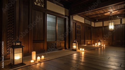 Dark wood paneling on a dimly lit room with candles and lanterns, cozy, crackling flames, dimlylit photo