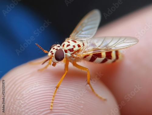 Close-up view of a soldier fly with red and white markings resting on a finger photo